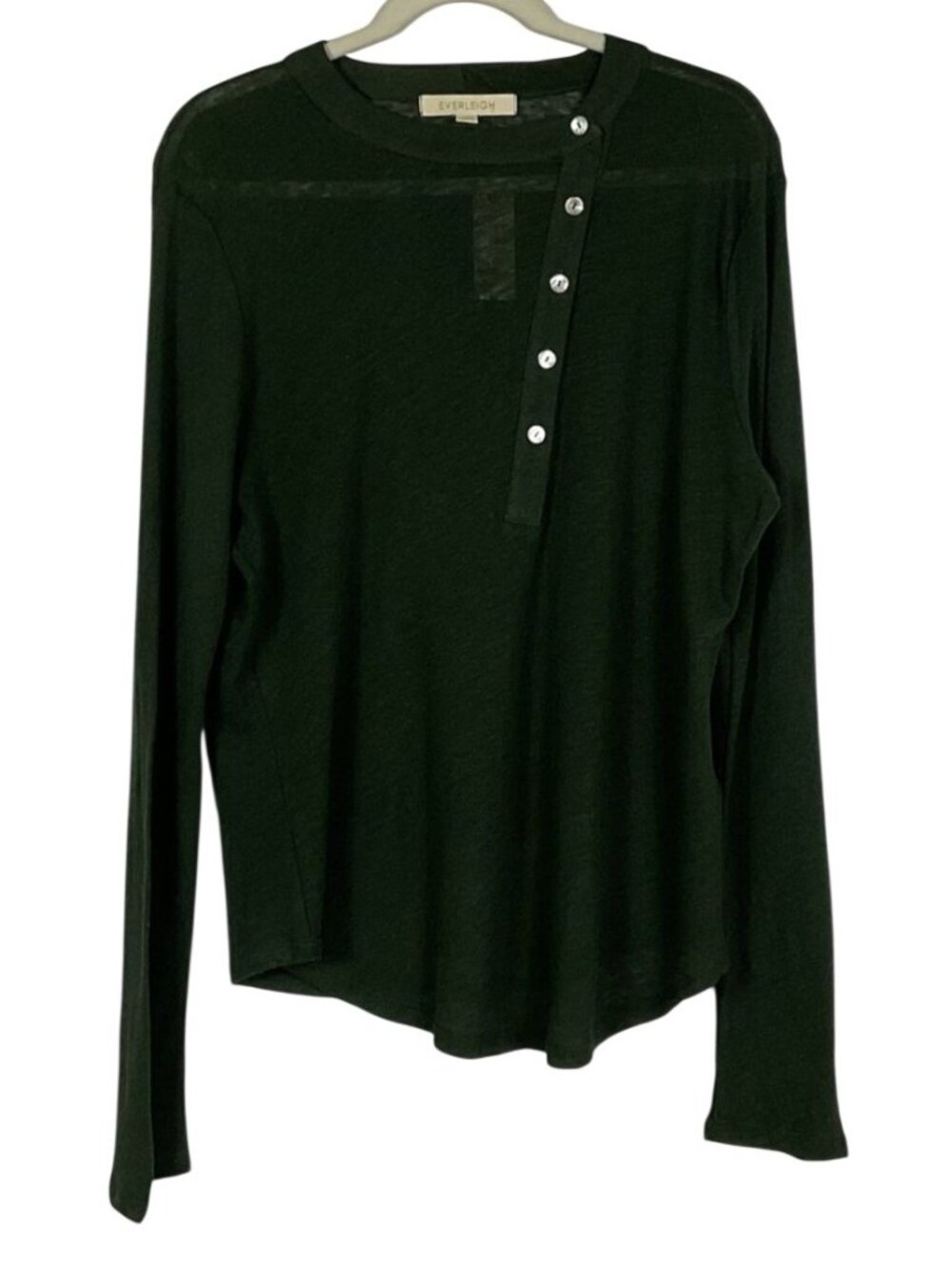 Anthropologie Everleigh Moss Green Linen Blend Asymmetric Henley Top Long Sleeve